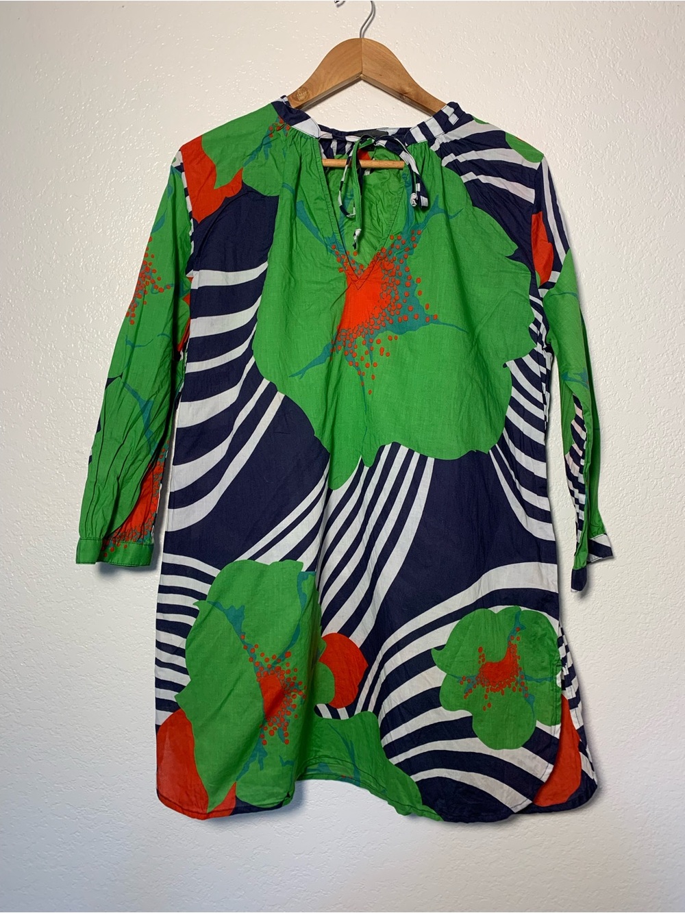 J. Crew Green Navy White Floral Tie-Neck Casual Dress | 100% Cotton | M